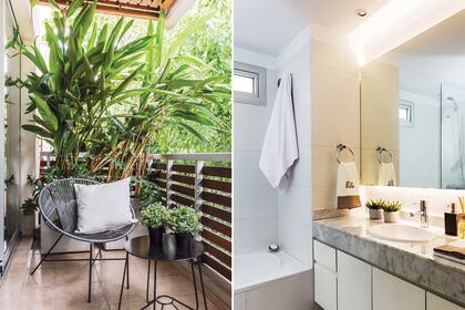 En el sector del balcón corrido que linda con el cuarto se armó un estar al aire libre, con sillón y mesa de hierro ‘Penta’ (todo de Increa), y plantas tropicales.