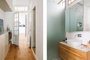 Mueble de baño (Bimba Estudio), mesada (Marmolería Forte Dei Marmi), monocomando ‘Temple’ (FV) y mampara vidriada (Fazzglass).