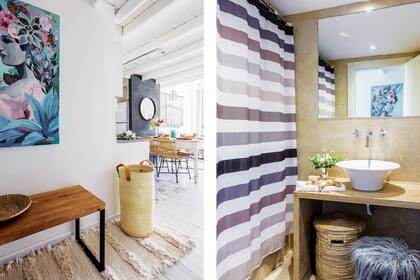 Pasillo de entrada con alfombra (Rancho Deco), banco hecho por el dueño de casa y un cuadro de Josefina Di Nucci. En el baño, cortina rayada (Easy), cesto y objetos varios (Claudia Adorno).