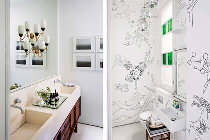 En el baño de la suite, fotografías enmarcadas Time exposed: Seascapes, de Hiroshi Sugimoto, y apliques italianos sobre el espejo. El toilette tiene un mural del artista japonés Yoshi Sislay y lámpara ‘3 mirror balls’ (Tom Dixon).