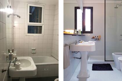 Mantuvieron la pileta original. Espejo (Vidrihogar). Mampara (Gunter Dillenberger Hijos). Griferías (FV). Piso y paredes (Cortés). Sanitarios (Ferrum). Vela (Bohemia Velas).