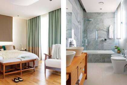 En el baño, el porcelanato opaco con veta (SBG), el mueble de roble de Eslavonia con lustre opaco (Atelier MOP) y las brillantes griferías equilibran texturas y superficies para un mix moderno y artesanal, en consonancia con el resto de la casa.