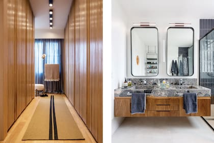 En el baño en suite, dos bachas caladas en una gran pieza de granito Ceppo toscano (ItalPiedras) sobre unmueble de petiribí. Espejos enmarcados en hierro con puntas redondeadas (Studio VS).