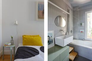 En el baño: espejo (Ogg). Mueble y estantes de chapa plegada (Estudio OrdoñezWenzke). Pileta ‘Country’ (Ferrum). Grifería (FV). Cerámicos (Acuarela). Mampara (Open Glass). Ventana de PVC oscilobatiente.