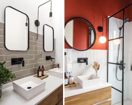 En el baño, grifería negra a la pared (FV). Espejos con bordes de hierro (Tienda Quadrat), alzadas de cerámicos de colores (Syria Cerámicos), apliques (Sena Iluminación).