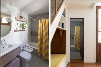 En el baño, mantuvieron el piso original y pintaron de blanco los muros. Vanitory y estantes rosados (Estudio DC por Carpintería Gabriel Veiras). Grifería ‘Libby’ (FV). Sanitarios (Ferrum). En la ducha, cortina estampada (Mercedes Segura).