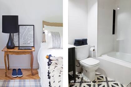 En la cama, colcha, almohadones ‘Canvas’ (todo de Yasterhaus) y manta (Isadora). Alfombra (Rapsodia Home). En el baño, mosaicos calcáreos modelo ‘Flecha’ (Terra Calcáreos) y sanitarios de la línea ‘Bari’ de Ferrum.