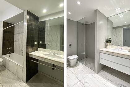 En el baño principal, nueva grifería modelo 'Dominic Lever' (FV), sanitarios 'Veneto' (Ferrum) y revestimiento de cemento alisado. “Si los azulejos están en buenas condiciones, se aplica arriba directamente”.