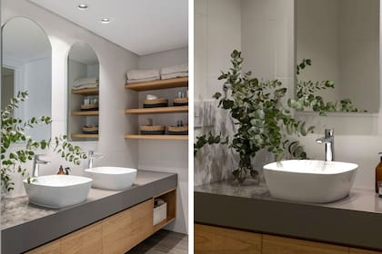 En el baño principal, se diseñó un mueble flotante de kiri y se sumó estantes del mismo material.