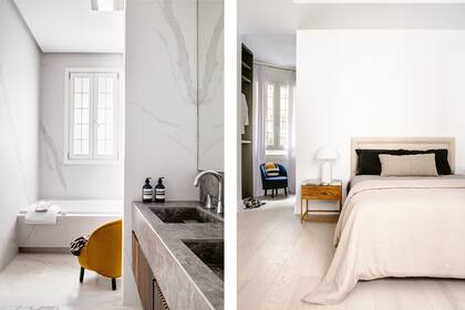 En el baño principal se eliminaron divisiones para generar un concepto de spa. Cama (The Bedding Company) con cover en lino natural (Zara Home). Mesa de luz (Esteban Domecq) con lámpara opalina modelo 'Atollo'.