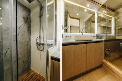 En el baño, quisieron apostar por un box de ducha grande con una placa hecha completamente en piedra. Revestimiento (Neolith). Grifería (Drop). Pileta (Deca).