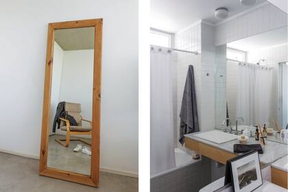 En el baño, sumaron un mueble con frente de madera que sigue el estilo del resto de los ambientes; toallas de algodón gris (Claudia Adorno). En el cuarto, espejo y sillón individual, heredados.