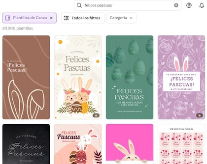 En el buscador de Canva, escribí: "Tarjetas de Pascuas" o "Felices Pascuas" y aparecerán diseños gratis para que imprimas