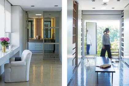 En el centro del vestidor, banqueta de petiribí macizo con patas de hierro. El camino a rayas en crudo y negro, un toque especial en el baño.