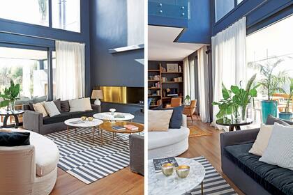 En el centro del living, mesas bajas con tapas de mrmol Arabescato y hierro.