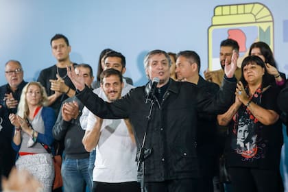 En el Club Podesta del partido de Lanus, Maximo Kirchner presidente del partido Justicialista, hace su discurso en el "Encuentro con la militancia". 