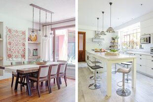 En el comedor, mesa de lapacho de 3 pulgadas con pie industrial (Amighini) y lámparas colgantes (Iluminación Mejía Mangudo). Campana (Ubiria). Mesadas en Silestone. Piso de porcelanato símil madera.