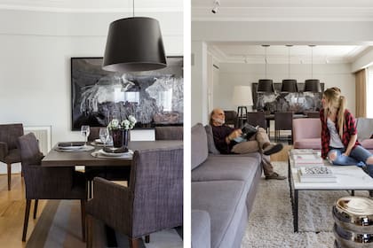 En el comedor, mesa de madera (Gris Dimensión). Sillas tapizadas (María Victoria de las Carreras). Alfombra a rayas (Gris Dimensión). Trío de lámparas negras (Iluminación Agüero). Obra de Candelaria Ferreyra.