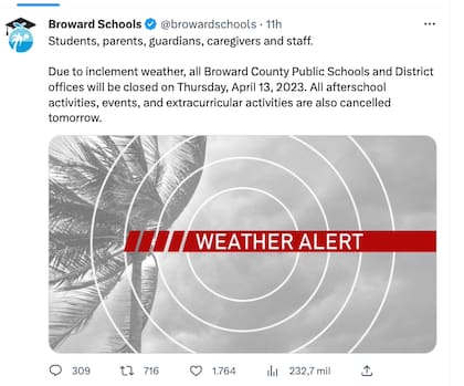 En el condado de Broward fueron cerradas las escuelas debido a las inundaciones