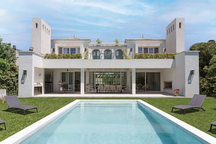 Todo en espejo: chimeneas, parrilla y hogar al exterior, cpulas con tejas, volmenes vinculados por grandes corredores.