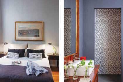 En el cuarto de huéspedes, cama con dos almohadones de respaldo, lámparas niqueladas y grabado inglés antiguo acuarelado a mano.