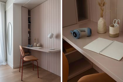 En el cuarto de la hija mujer, se eligió un revestimiento en MDF laqueado en el que se apoya un escritorio. La silla es de Ries.