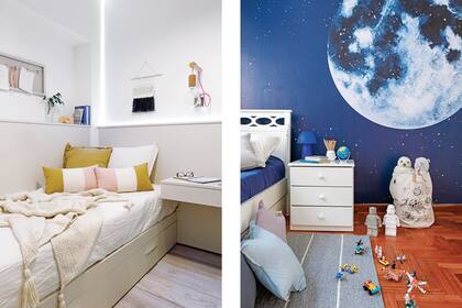 En el cuarto de Martina, manta (Mapuche Hecho a Mano), tapiz colgante y almohadones ‘Niza’ (Gion). La tira de led decorativa cambia de color a control remoto.