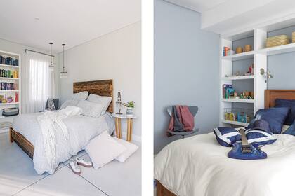 En el cuarto del hijo, cama de madera y mueble laqueado blanco (Constanza Serantes) con almohadones azules (Yrigoyen).