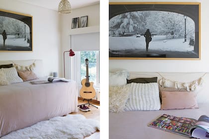 En el cuarto la hija mayor, la cama se usa como sillón durante el día. Lámpara de techo (Omniluz). El cabezal está enfundado en tussor.