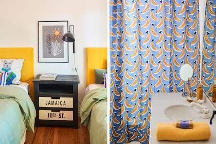 En el cuarto, la ropa de cama es de Philomena Deco y se combinó con almohadones son de IKEA. En el baño, cortina estampada (Seletti world) y toallas a tono.