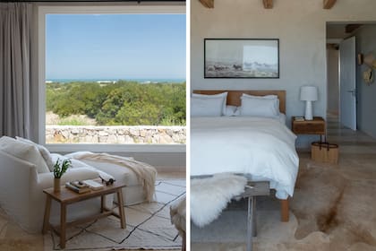 En el cuarto principal se priorizó la integración del paisaje. A los costados, se colocaron dos ventanas de abrir para favorecer la ventilación cruzada. Mesa de luz (Mínima Huella).
