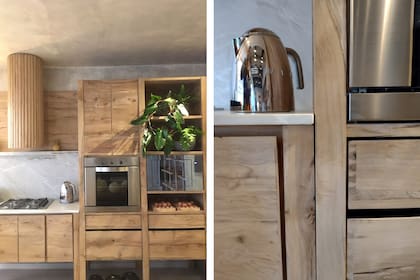 En el detalle, un acercamiento al encastre "Cola de Milano". A lo único que se le permitió el brillo es a la tecnología. Anafe, horno y microondas de Longvie.