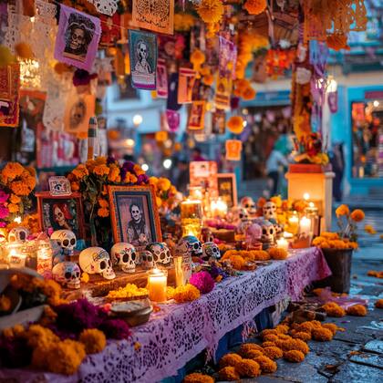 En el Día de los Muertos, se realizan altares con flores, fotos, calaveras y velas para recordar a las personas que ya no están