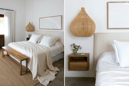 En el dormitorio principal, mesas de luz suspendidas de petiribí (Lau Interiors). Lámparas colgantes (Wood Market). Cuadro (Amalgama).