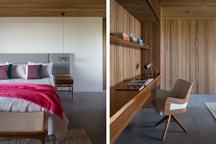 En el dormitorio principal, que tiene un patio propio, el tabique contiene el escritorio, divide el espacio de descanso del baño en suite