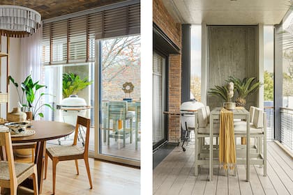 En el espacio de Gaby Orlando en Experiencia Living 2022, mesa alta y banquetas de aluminio anodizado tono peltre (Pampa Living) y kamado (Vanity Buenos Aires).