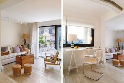 En el estar de la planta alta, sofá (Lacroze Studio), baúl vintage (Mercado de Pulgas de Dorrego) y riel con spots (El Faro Iluminación). Escritorio con lámpara de mesa (Agustina Cerato) y sillón ‘Cesca’ (Michael Thonet).