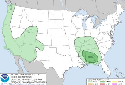En el este de Misisipi, Alabama, Georgia occidental y el panhandle de Florida se esperan vientos intensos con ráfagas superiores a 100 km/h, granizo de tamaño considerable y posibilidad de tornados aislados