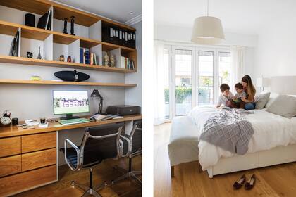 En el estudio, escritorio y biblioteca de roble diseñado por AT Arqs. Sillas de escritorio ‘Eames Aluminum’ (Herman Miller).