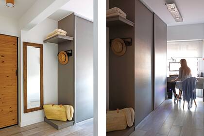 En el extremo, espejo (Mercado de las Pulgas), perchero (Morph), mantas de hilo de algodón (Mapuche Hecho a Mano) y bolso de fibras (Paysana). Una puerta galponera separa el sector social del área privada.