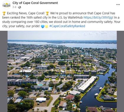 En el Facebook de la ciudad celebraron su lugar entre las ciudades más seguras