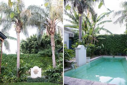 En el fondo del terreno se ubicó la pileta y, como punto focal, se distingue el ángel rescatado de una demolición entre las palmeras y una base de plectrantus.