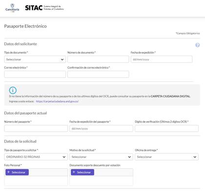 En el formulario se piden los datos de la cédula de ciudadanía, la información del pasaporte que se reemplazará y el consulado donde se recogerá el documento (Ministerio de Relaciones Exteriores de Colombia)