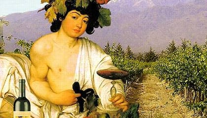 En el frente, Baco, Dios del vino, por Caravaggio (1596). Al fondo, un viñedo de la provincia de San Juan