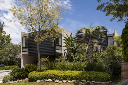 En el frente plantaron un jardín tropical con una variedad de palmeras: pindó (atrás), Butia capitata (en el centro) y Cycas revoluta, que son las bajitas de la izquierda, en el cantero que limita una hilera de boj (Viveros El Botánico). Los paneles de chapa trapezoidal C25 negra se volverán a ver en el lateral y en el contrafrente.