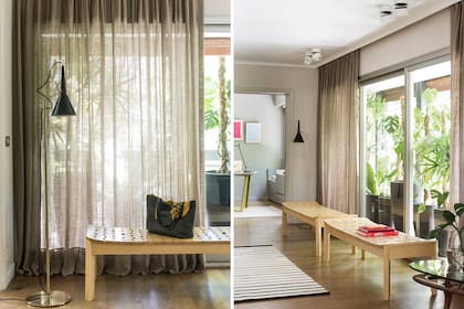 En el hall de entrada, banquetas (Azcue) y lámpara de pie negra (Juan Diciervo).