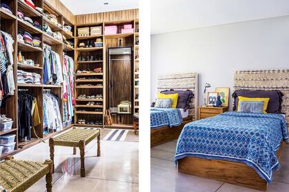 En la habitación de sus hijos gemelos, camas y mesas de luz de madera (Carpintería López) y respaldos con handiras de Marruecos.