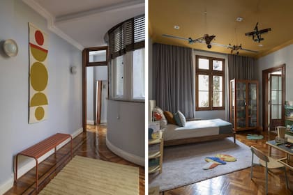 En el hall íntimo, plafones (Margarita de Forteza), tapiz (Caucus.lab), banco (El Yeite) y alfombra (El Espartano). El cuarto tiene cama (Urbano Estudio), mesa de luz ‘Mini Elo’, mesita laqueada y sillas (todo de El Yeti). Avioncitos de chapa (Los Díaz de Mario).