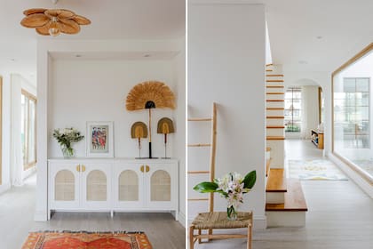 En el hall, mueble con puertas de esterilla y alfombra (Kasbah). Las aberturas de PVC foliado con textura símil madera ‘Turner Oak’ se integran al estilo de la deco.