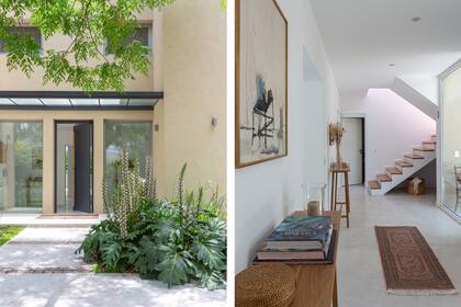 En el ingreso, camino de cemento con franjas de adoquines. Recibidor: piso monolítico de hormigón alisado (hecho en obra), mesas de arrime ‘Dadoi’ (Lacroze Studio), obras de Alicja Biala y alfombra heredadas de su tía abuela.